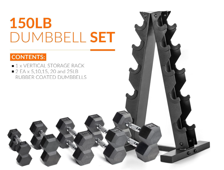 Rubber Coated Dumbbell Weight Set with Vertical Rack | 100 lb, 150 lb, and 210 lb Options
